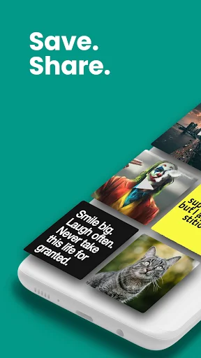 Status Saver app interface showing Save and Share functionality with status images including motivational quotes and animals