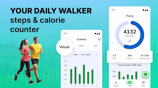 Step Counter pedometer app showing daily walker steps and calorie counter with bar graphs and progress rings