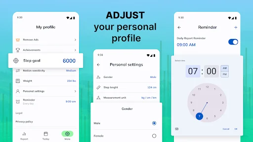 Personal profile adjustment page with step goal settings, reminders, weight and measurement preferences