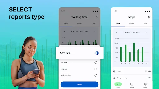 Select reports type screen in pedometer showing steps, distance, calories and walking time tracking options