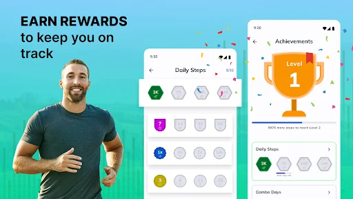 Earn rewards and achievements in Step Counter app to stay motivated with daily steps badges and levels