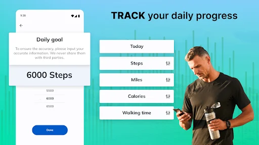 Daily progress tracker in pedometer app for setting and monitoring steps, miles, calories and time goals