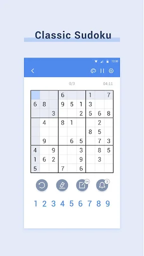 Classic Sudoku game puzzle board with number grid, input buttons, and game tools for brain training logic game
