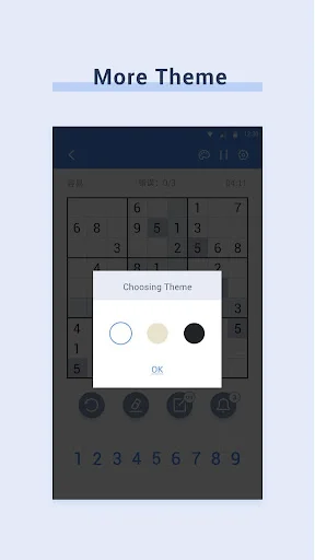 Theme customization menu with color options for Classic Sudoku puzzle game interface personalization