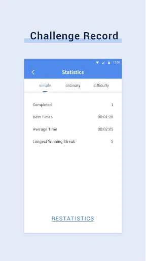 Statistics screen displaying completed games, best times, and winning streak records for Sudoku challenges