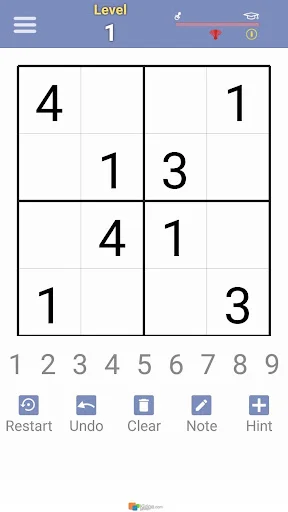 Irregular Sudoku puzzle Level 1 showing 4x4 grid with pre-filled numbers and control buttons for gameplay