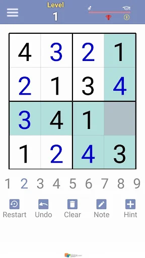 Irregular Sudoku Level 1 in-progress with blue player entries on 4x4 grid and number pad for puzzle solving