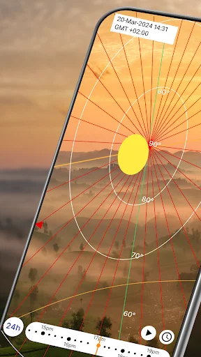 Sun Locator app showing 3D augmented reality view with sun position arc overlay on beach sunset photo