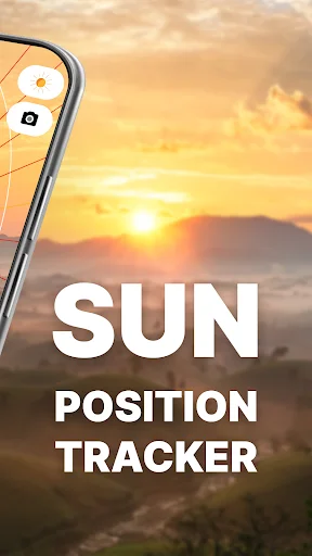 Sun Position Tracker feature displaying sunset over mountains with AR overlay for photography planning