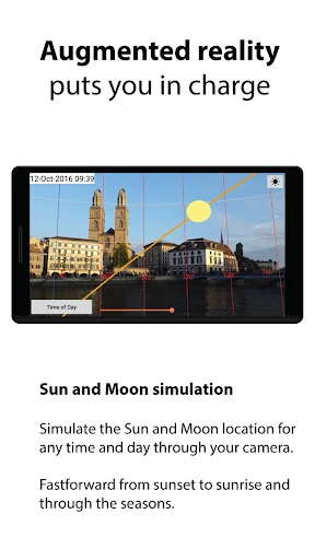 Augmented reality sun and moon simulation showing cathedral scene with sun path trajectory overlay