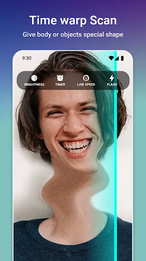 Time Warp Scan app showing distorted selfie effect with brightness, timer, line speed, and flash controls