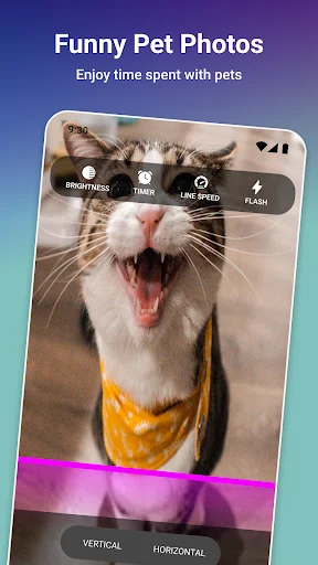 Funny Pet Photos feature in Time Warp Scan app showing cat with warped effect and vertical/horizontal scan options