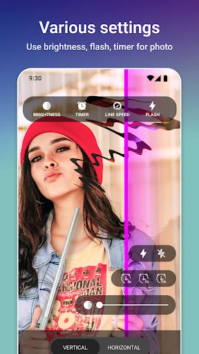 Various settings screen showing brightness, flash, timer controls with pink vertical scan line on photo