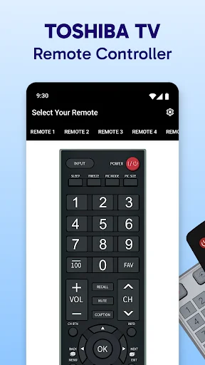 Toshiba TV Remote Controller app interface showing digital remote with number pad and control buttons