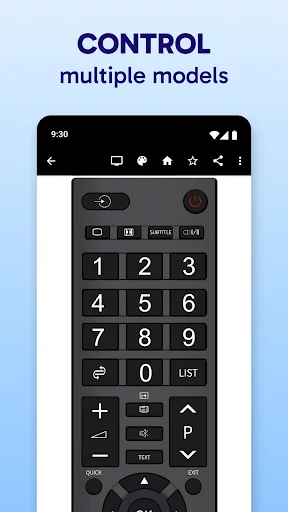 Toshiba TV remote app displaying control interface for multiple TV models with number pad and navigation