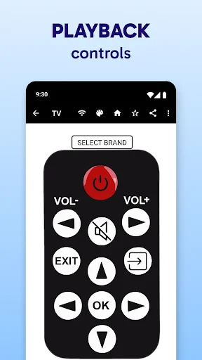 Playback controls screen in Toshiba TV remote app with volume, navigation, and OK buttons