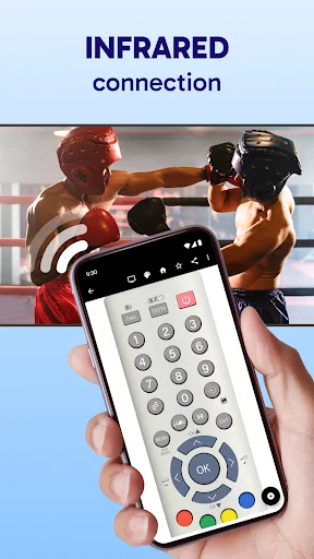 Infrared connection feature of Toshiba TV remote controller app shown with hand holding smartphone