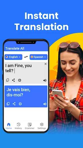 Translate All app instant translation feature showing English to Spanish text translation with conversation bubbles