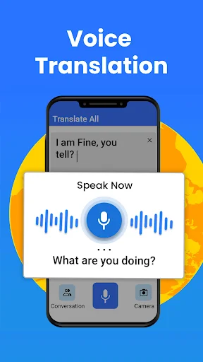 Voice translation interface with microphone button and audio waveforms for speak-to-translate functionality