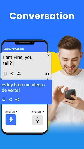 Conversation mode translator showing bilingual chat with English and French voice input options for translation