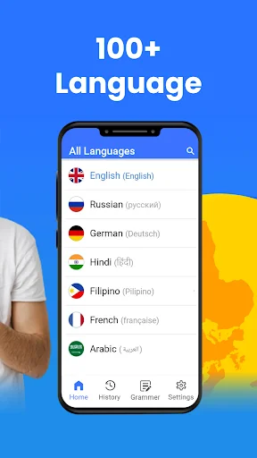 Language selection screen displaying 100+ available languages including English Russian German Hindi for translation