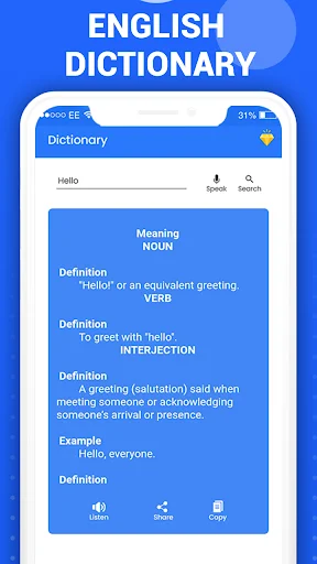 English dictionary feature showing definitions and examples for the word 'hello' with pronunciation guide