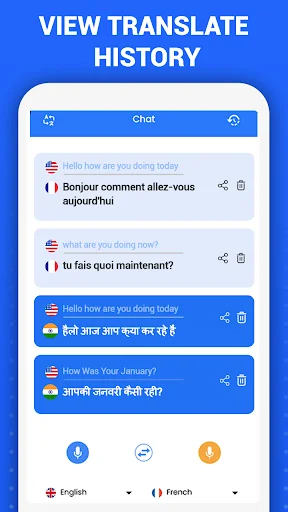 Conversation history view displaying bilingual chat translations between English, French and Hindi languages