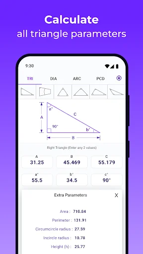 Angle Finder app showing right triangle calculator with computed sides, angles, area, perimeter, and height values