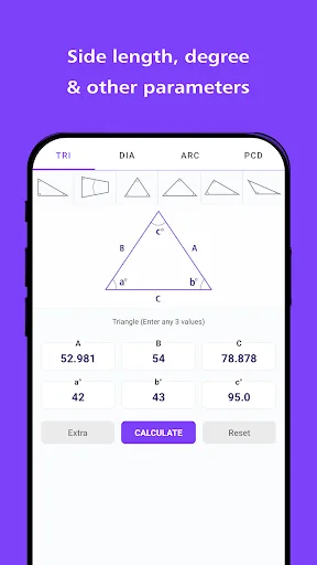 Triangle calculator interface for computing side lengths, degrees and other geometric parameters