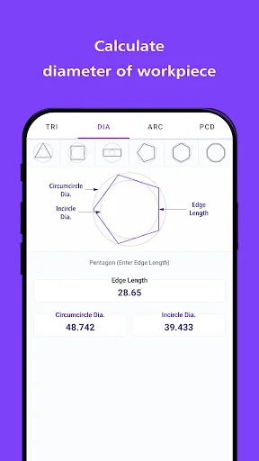 Workpiece diameter calculator showing pentagon with edge length, circumcircle and inscribe diameter values