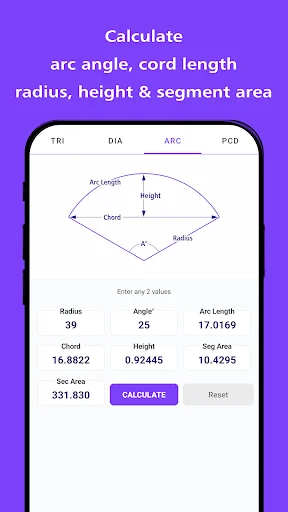 Arc geometry calculator for computing angle, chord length, radius, height and segment area measurements