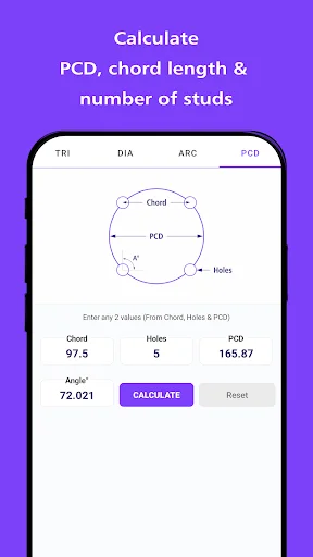 PCD calculator tool showing circle diagram for computing chord length and number of studs or holes