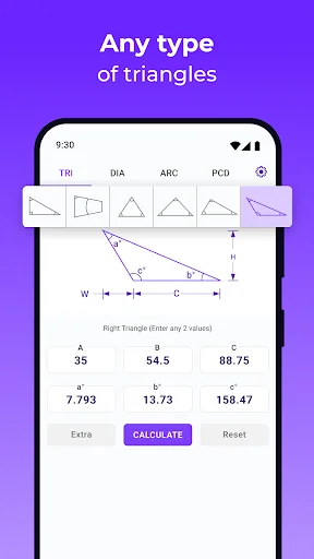 Triangle calculator app interface displaying any triangle type with input fields for sides and angles with Calculate button