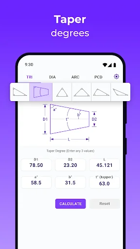 Taper degree calculator screen showing trapezoid diagram with dimension inputs and angle measurements