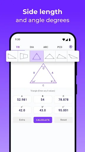 Triangle calculator showing side length and angle degree inputs for computing all triangle parameters