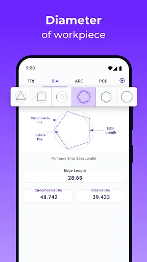Diameter of workpiece calculator displaying pentagon with circumcircle and inscribe diameter measurements