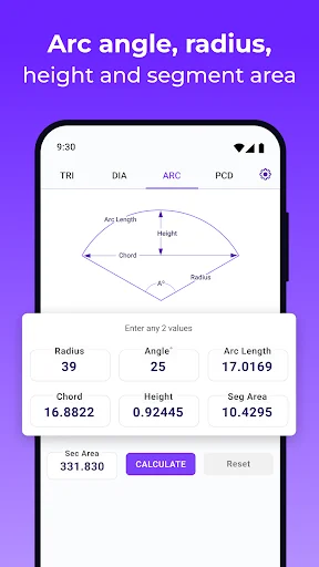 Arc calculator interface showing arc angle, radius, height, chord length and segment area computation tools