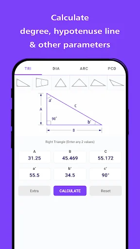 Right triangle calculator displaying degree, hypotenuse and parameter calculations with visual diagram