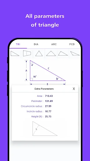 Triangle geometry calculator showing extra parameters including area, perimeter, circumcircle and incircle radius