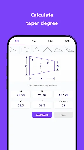 Taper degree calculator tool with trapezoid shape showing D1, D2, length and angle measurements