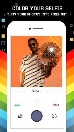 Photo to pixel art converter feature in Unicorn Color app showing selfie transformed into pixelated coloring design