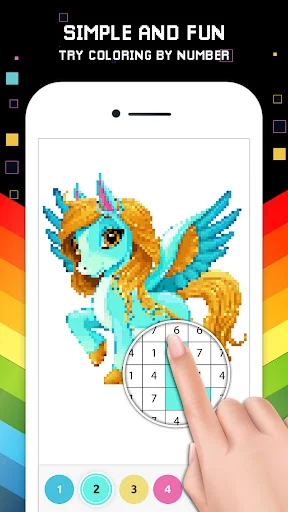 Pixel art unicorn coloring game using color-by-number system with interactive numbered color palette buttons for creative gameplay