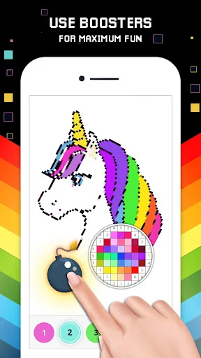 Unicorn color-by-number booster tool feature with enhanced color palette and magic effects for advanced magical coloring gameplay