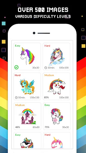 Unicorn Color by Number app showing 500+ pixel art designs grid with easy, medium, and hard difficulty levels