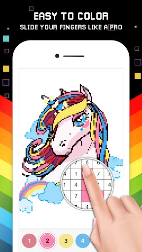 Unicorn coloring screen demonstrating finger swiping gesture to color numbered sections with color palette buttons