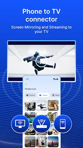 Phone to TV connector app interface displaying media gallery and wireless screen mirroring streaming options