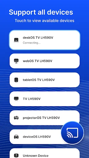 USB Screen Share app device selection list showing compatible TVs and projectors for casting connection