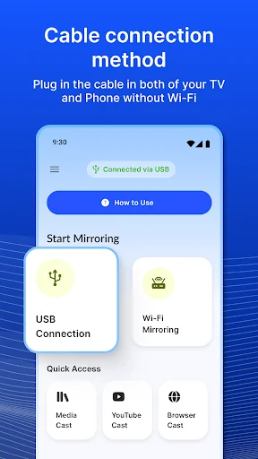 Cable connection setup screen showing USB and Wi-Fi mirroring methods with quick access casting options