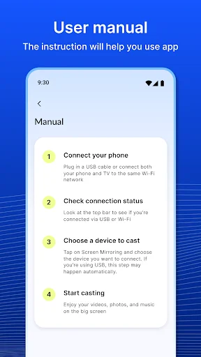 User manual guide with 4 step instructions for connecting phone to TV via USB or Wi-Fi screen mirroring