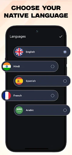 Language selection menu for USB-C HDMI phone to TV app with English, Hindi, Spanish, French, and Arabic options
